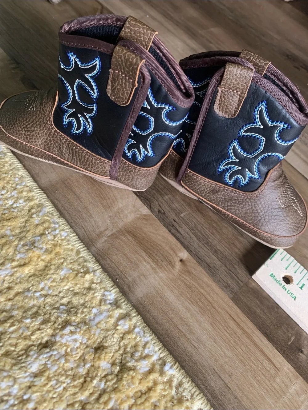 Ariat Brown and Black Kids Cowboy Boots with Blue Stitching